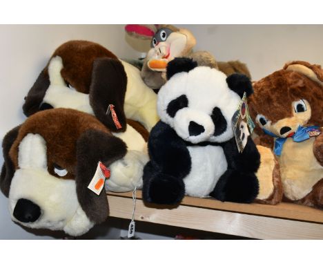 A COLLECTION OF LARGE SOFT TOYS, to include two large Russ Toys St. Bernard dogs, two Chad Valley bears, Easter Bunnies, baby