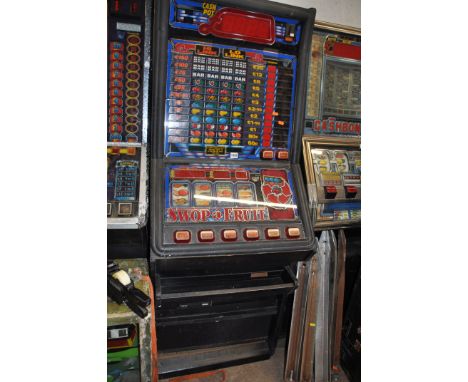 A JPM SLOT MACHINE with 'Swop a Fruit' graphics and mechanism (untested and maybe incomplete internally) (no keys)