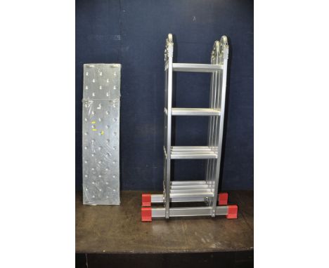 AN ALUMINIUM FOLDING PLATFORM LADDER, with a packet of sealed treadle plates, height collapsed 122cm