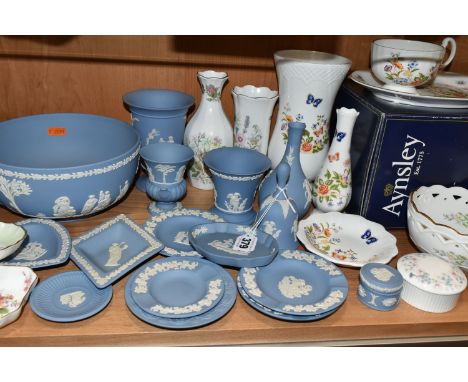 A COLLECTION OF WEDGWOOD PALE BLUE JASPERWARE, AYNSLEY, WEDGWOOD, MINTON AND ROYAL WORCESTER GIFTWARE, ETC, comprising sevent