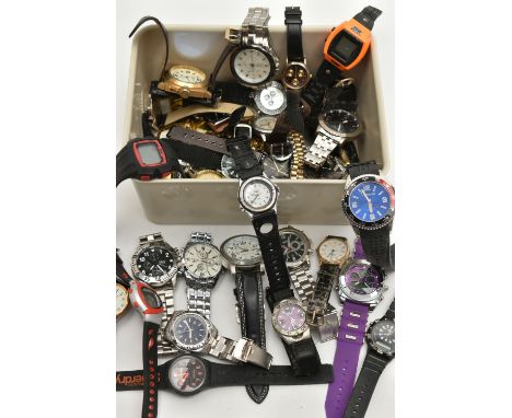 A BOX OF ASSORTED WRISTWATCHES, names to include Sekonda, Superdry, G&amp;O, Timex, Ieke, Citron, Next, (condition report: wa
