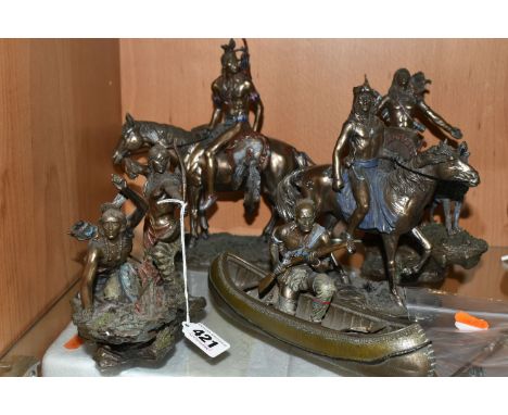 FIVE 'VERONESE' BRONZED RESIN  NATIVE AMERICAN INDIAN FIGURES, comprising number 56846 a figure with a wolf, 56849 warrior on