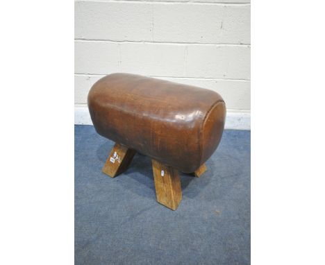 A VINTAGE CONVERTED POMMEL HORSE BENCH, on four legs, length 65cm x depth 39cm x height 52cm (condition report: surface scrat