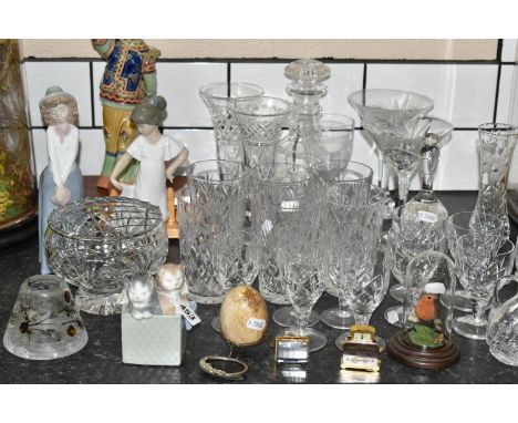 A GROUP OF GLASS, CERAMICS AND METAL WARES, to include a selection of pressed and cut glass wares: a mallet form decanter, tw