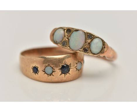 TWO 9CT GOLD GEM SET RINGS, the first set with three oval opal cabochons, and three diamond chips (one diamond is missing), s