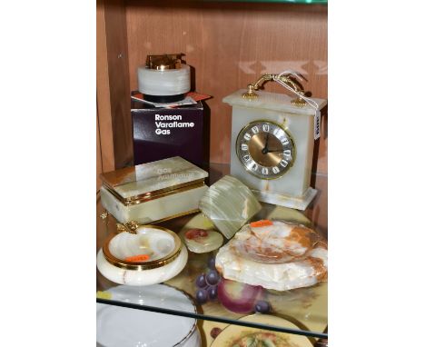 A GROUP OF ONYX ORNAMENTS, comprising a boxed Ronson Varaflame table lighter, an onyx cased carriage clock (battery operated)