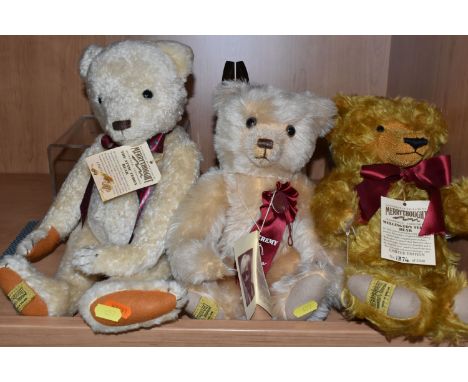 THREE LIMITED EDITION MERRYTHOUGHT TEDDY BEARS, comprising Wellington Teddy Bear no 1374/2500, fully jointed with golden long