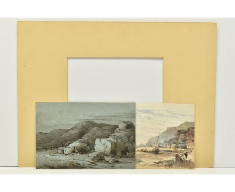 TWO 19TH CENTURY COASTAL STUDIES, the first depicts a boat on the shoreline at low tide, watercolour on paper, has an attribu