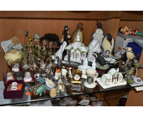 A GROUP OF CERAMICS AND BIRD ORNAMENTS, comprising a Chinese porcelain plaque hand painted mountain scene with a red wax seal