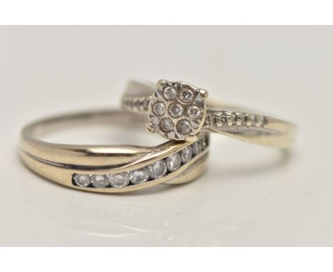 TWO DIAMOND SET RINGS, the first an 18ct white gold diamond half eternity ring, set with a row of channel set round brilliant
