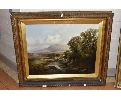 A 19TH CENTURY ENGLISH SCHOOL PICTURESQUE LANDSCAPE, depicting cattle wading in a stream with female figures beyond, no visib