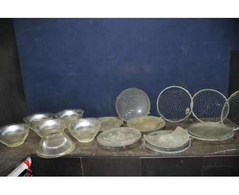 TWO BOXES OF VINTAGE LIGHT FITTINGS AND SHADES including eight hanging shades with mesh bowl, chromed bezel and five intact g