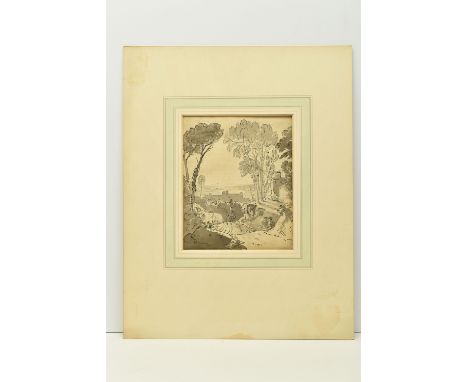 CIRCLE OF GEORGE BARRETT II (1764-1842) LANDSCAPE STUDY, figures in a lane with fortified buildings, unsigned ink wash on pap