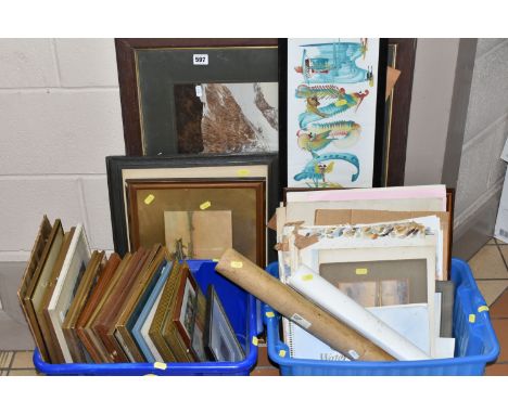 TWO BOXES AND LOOSE PAINTINGS AND PRINTS ETC, to include a small quantity of loose watercolours, indistinctly signed, dates i