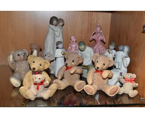 FIVE WILLOW TREE FIGURES, SIX RESIN TEDDY BEAR FIGURES AND TWO PINK GLAZED POTTERY CRINOLINE LADY FIGURES, the Willow tree fi
