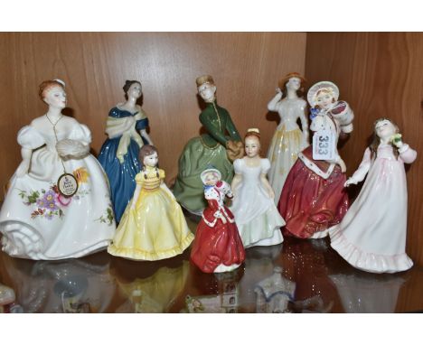 EIGHT ROYAL DOULTON LADY FIGURES AND A ROYAL WORCESTER LADY, comprising 'Susannah' HN4221, 'Grace' HN2318, 'Adrienne' HN2304,