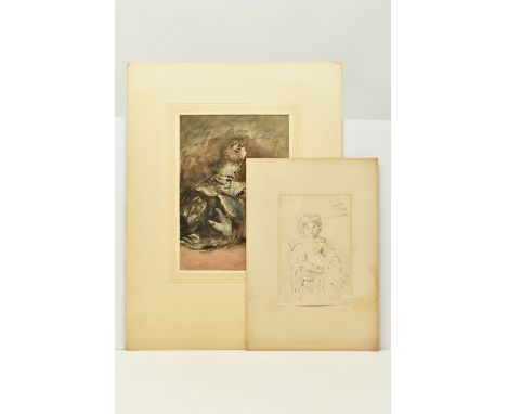 HERCULES BRABAZON BRABAZON (1821-1906) A STUDY OF A FEMALE FIGURE KNEELING BEFORE A BED, initialled bottom right, watercolour