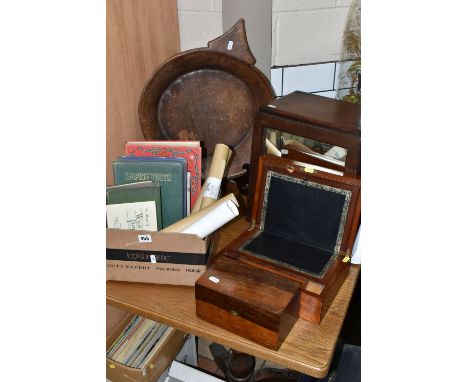 A BOX AND LOOSE TREEN, BOOKS AND EPHEMERA, to include a rustic wooden dough bowl, diameter excluding triangular handle 43cm, 