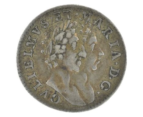 William and Mary, Fourpence, 1689. William and Mary, Fourpence, 1689, First busts r. no tie to wreath R. Crowned 4, silver, w