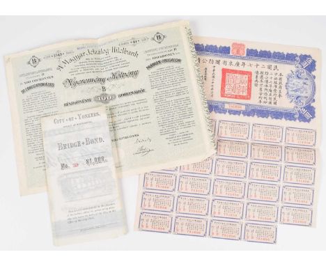Assortment of various world bond and share certificates to include City of Yonkers and others. Assortment of various world bo