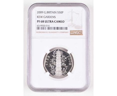 2009 Royal Mint, Silver Proof Ultra Cameo Kew Gardens Fifty Pence, slabbed. 2009 Royal Mint, Silver Proof Ultra Cameo Fifty P