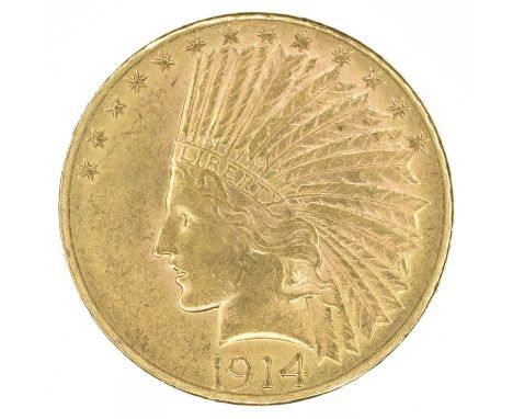 United States of America, Ten Dollars, Indian Head Eagle Gold Coin, 1914 Denver Mint. United States of America, Ten Dollars, 