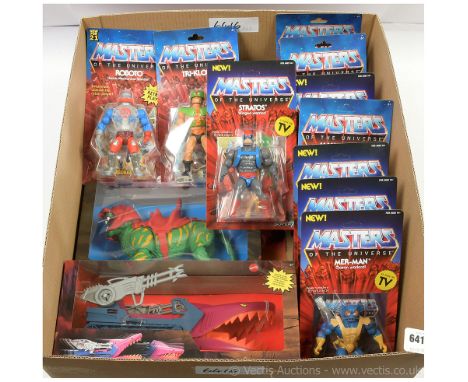 Quantity of Mattel and Super 7 Masters of the Universe reissue figures and vehicle x fourteen includes Land Shark, Battle Cat