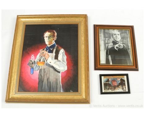 Christopher Lee signed Dracula movie still 10"x8", framed, and post card 6"x4", framed, NO COA, Good Plus. Framed 18"x14" can