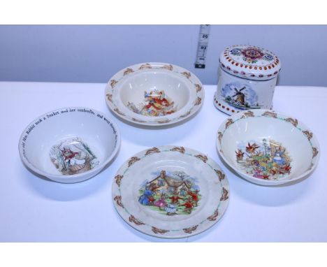 A selection of Royal Doulton Bunnykins ceramics and a delftware lidded jar 