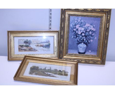 Two framed oil on ceramic and one other print 