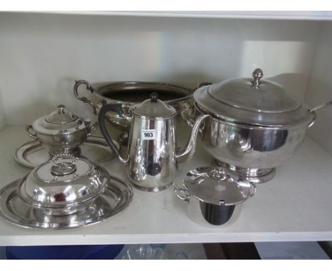 Eight pieces of Jesus College Cambridge plated table wear including a large lidded soup tureen and ladle - Height 28cm - all 