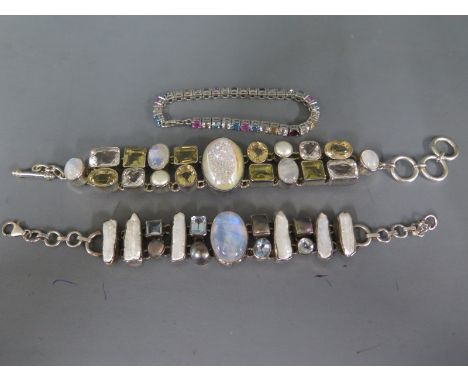 A silver multi gem tennis bracelet, multi gem moonstone bracelet and pearl, gem moonstone braceletCondition report: All good 