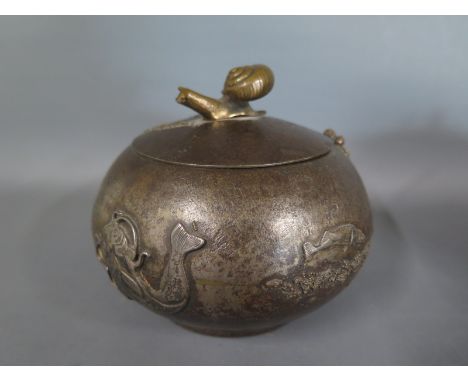 A rare 19th century Gorham & Co sterling silver and iron patinated lidded pot with Japanesque relief decoration of two fish, 