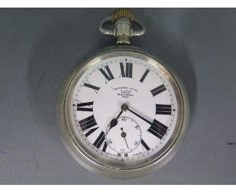 A Universal Lever A. Gold of London Illumino nickel cased pocket watch, manual wind with white enamel dial, Roman numerals to