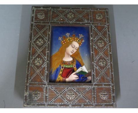 An enamel portrait held within wooden frame - 13.5cm x 16cm