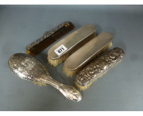 Four silver back brushes and a comb