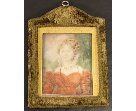 AN 18TH CENTURY PORTRAIT MINIATURE watercolours on ivory panel, depicting a lady in red dress, in a gilt slip and green velve