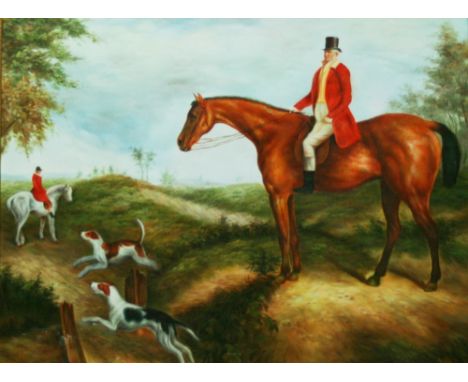 A LATE 19TH/EARLY 20TH CENTURY HUNTING SCENE, oil on canvas, depicting huntsmen and hounds in a rural setting, unsigned, in a