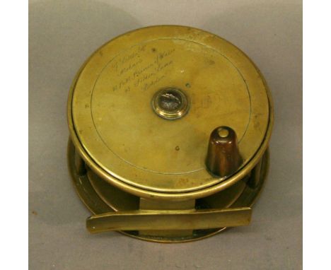 AN ALL BRASS 4½" SALMON FISHING REEL by 'G. Little & Co, Makers to HRH Prince of Wales, 63 Haymarket, London'  with horn hand