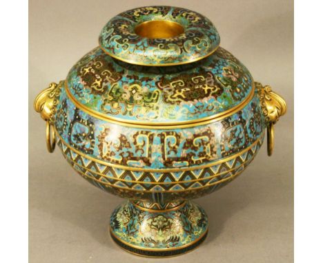 A CHINESE CLOISONNE ENAMEL CENSOR of compressed globular form, the lift-off cover with everted rim and central well, the body