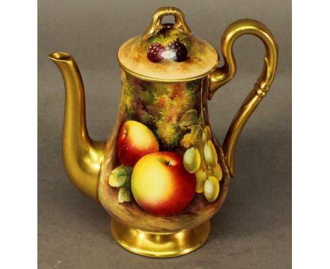 A ROYAL WORCESTER PORCELAIN HAND-DECORATED COFFEE POT of baluster form with lift-off cover, decorated with fruit against a mo