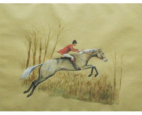 A PAIR OF HUNTING SCENE WATERCOLOURS depicting horses and riders, signed with monogram WGS and dated 1970, within gilt slips,