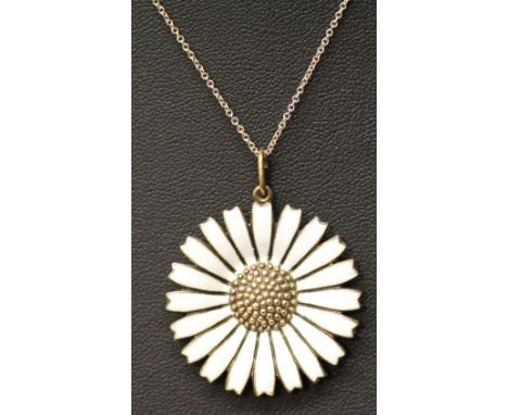 A GEORG JENSEN 925S GILT AND ENAMEL DAISY PENDANT AND EARRING SET of stylised foliate form with white enamelling, the pendant