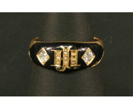 A 19TH CENTURY 18CT GOLD, DIAMOND, SEED PEARL AND ENAMEL MOURNING RING with central seed pearl set initials JH between two sm