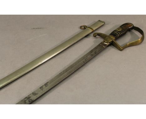 A FRENCH STYLE SWORD with brass pommel and guard, the decorated blade held in a steel scabbard. CONDITION: Handle is become d