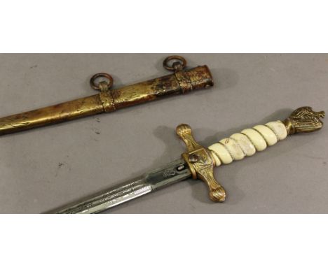 WW2 GERMAN NAVAL DAGGER having eagle pommel and wire bound handle, the crossguard bearing anchor decoration, the etched blade