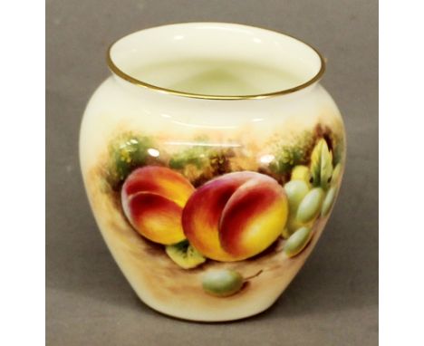 A SMALL ROYAL WORCESTER PORCELAIN HAND-DECORATED VASE of tapering ovoid form, decorated with fruit against a mossy ground, si