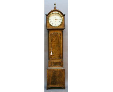 AN EARLY 19TH CENTURY SCOTTISH MAHOGANY EIGHT-DAY LONG CASE CLOCK, having an arched top with brass ball finial, circular dial