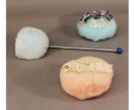 THREE VINTAGE POWDER PUFFS one with chromed handle, the box marked 'Spener' one marked 'Nerissa' (3)  CONDITION: Some slight 