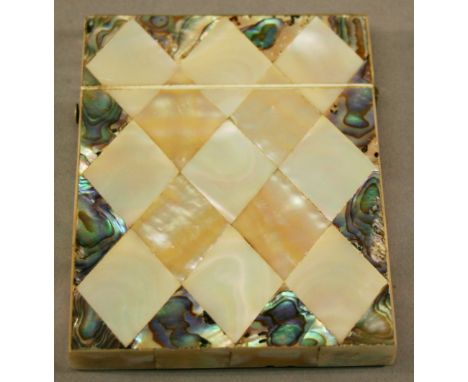 A VICTORIAN MOTHER-OF-PEARL AND ABOLONE SHELL CARD CASE of rectangular hinged form with lozenge and triangular shell inlay. 1